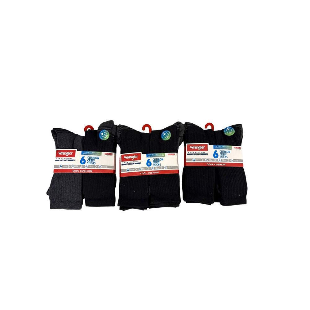 Wrangler Sock Bundle 3 Packs Cushion Cooling Black Crew Socks Size Men's 6-12